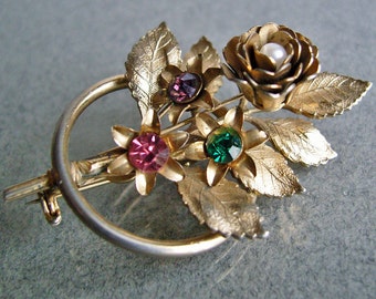 Vintage Floral Brooch Rose and Daisies Gold Plated 1950's, Free Shipping