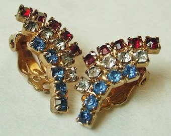 Rhinestone Earrings Red White and Blue Clip On Earrings Patriotic Vintage 60's