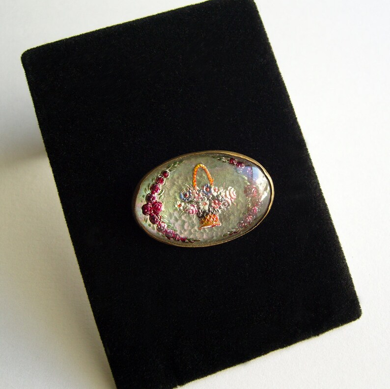 Antique Reverse Painted Floral Brooch Edwardian Glass Brooch Early 1900's image 2