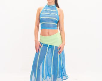 Conjunto de 2 piezas de top y falda de gasa azul