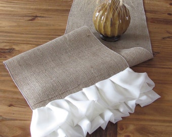 Burlap table runner with white chiffon ruffles - Select A Size