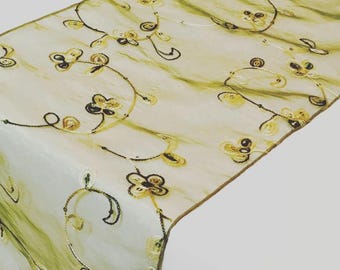 Olive Green Table Runner Overlay Sequin Embroidered Organza Wedding Table Runners - SELECT A SIZE