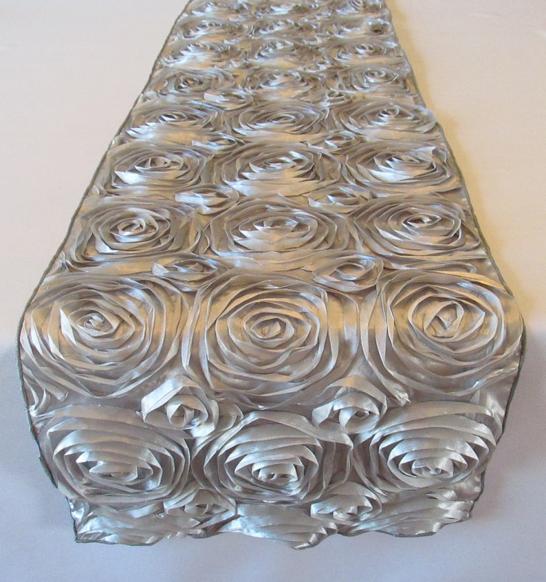 Satin Rosette Table Runner Gray Silver Wedding Table Runner Etsy