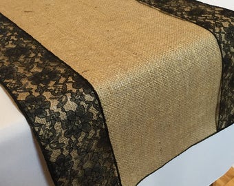 Burlap And Lace Table Runner - Black Lace - Select A Size - More Colors Available