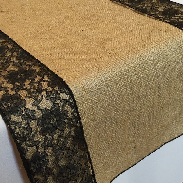 Burlap And Lace Table Runner - Black Lace - Select A Size - More Colors Available