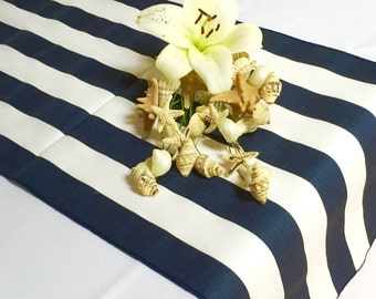 Navy Blue and White Striped Table Runner - Navy blue edges - Select A Size