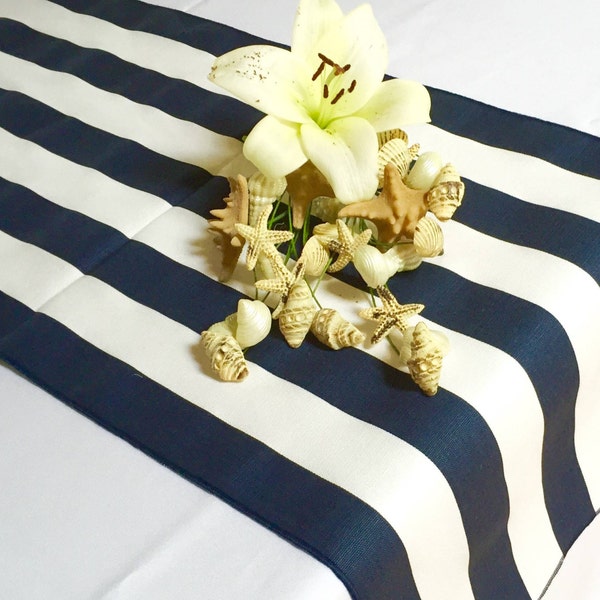 Navy Blue and White Striped Table Runner Wedding Table Runner - Navy blue edges - Select A Size