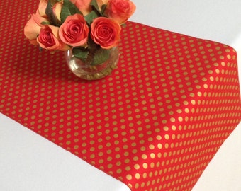 Red and Gold Polka Dots Table Runner - red edge - 72"