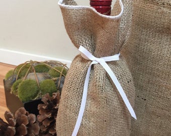 Burlap Natural Color Wine Bags - Select Color for Ribbon and Finish - Custom Orders Are Welcome !!!