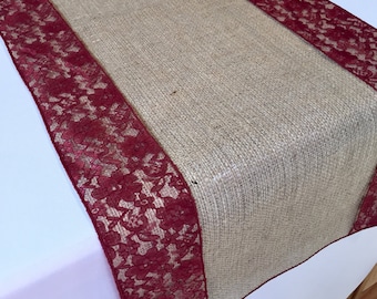 Burlap And Lace Table Runner Wedding Burlap and Burgundy Lace Table Runners - Select A Size - More Colors Available