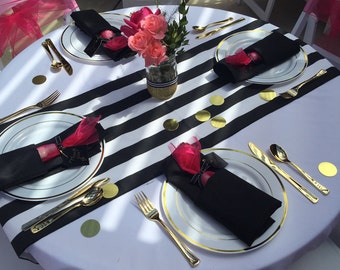 Black and White Striped Table Runner Wedding Table Runner - black edge - Select A Size - ON SALE