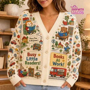 Busytown Scarry Story Cardigan, The Busy World Sweater, Busy Little Readers Sweater, Christmas cardigan, Librarian Gift for Her