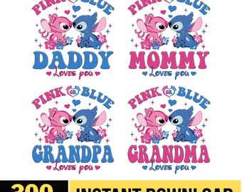 Disneyland Stitch Angel Gender Reveal png, keeper van het geslacht png, Stitch gender Reveal uitnodiging png, aangepaste roze of blauwe steek png