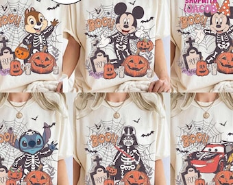 Vintage Disneyland All Characters Skeleton Halloween Shirt, Mickey & Friends Star Wars Chip Dale, Mickey's Not So Scary Halloween Party Tee