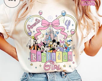 Personalized Name Disneyland Mickey And Friends Coquette Bow Birthday Shirt, Birthday Girl Tee, Disneyland Castle Toddler Birthday Gift