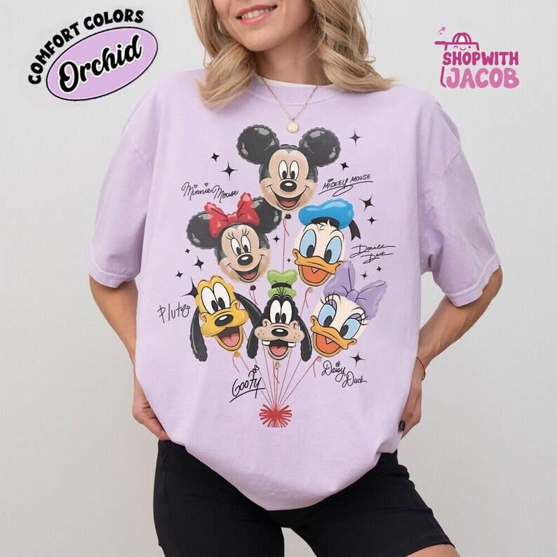 Retro Mickey and Friends Balloon Shirt, Mickey Minnie Donald Daisy Goofy Pluto, Disneyland Trip Family Outfit, Cute Disneyland Friends Tee image 3