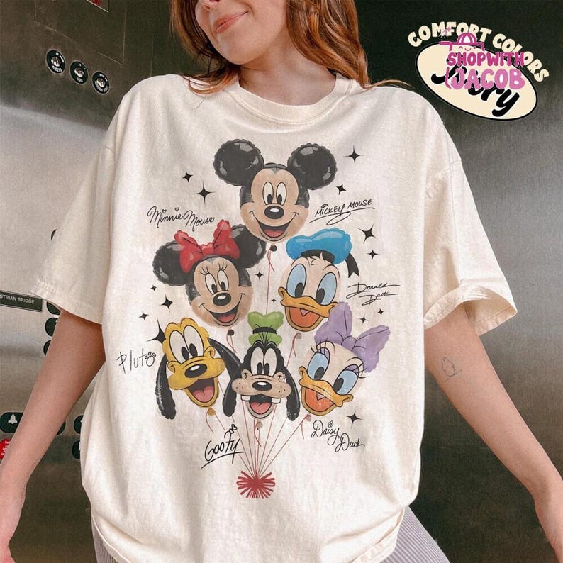Retro Mickey and Friends Balloon Shirt, Mickey Minnie Donald Daisy Goofy Pluto, Disneyland Trip Family Outfit, Cute Disneyland Friends Tee image 1