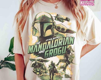 Vintage Starwars The Mandalorian And Grogu Poster T-Shirt, Grogu Bounty Hunter Shirt, 90s Style Starwars Shirt, Starwars Fans Gift Tee