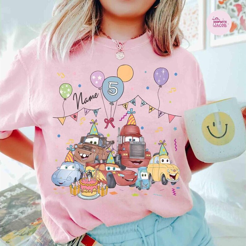 Personalized Pixar Cars Birthday T-Shirt, Disneyland Lightning McQueen Tow Mater Sally Birthday Shirt, Disneyland Family Trip Shirt afbeelding 3