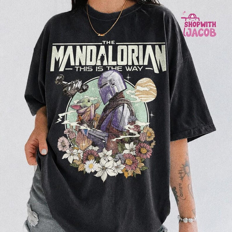 Retro Mandalorian and Grogu Shirt, StarWars Mando Shirt, Baby Yoda Shirt, This Is The Way Tee, Magic Kingdom Shirt, Family Trip Tee image 1