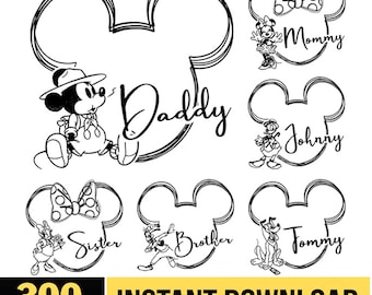 Customize All Disneyland Characters Family Matching PNG, Custom Name Disneyland Vacation, Mickey And Minnie Head Sketch Png Digital Download