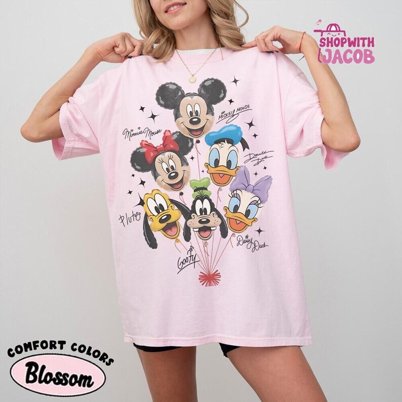 Retro Mickey and Friends Balloon Shirt, Mickey Minnie Donald Daisy Goofy Pluto, Disneyland Trip Family Outfit, Cute Disneyland Friends Tee image 2