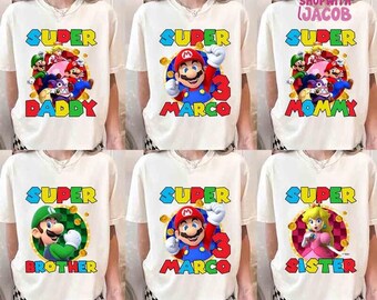 Chemise familiale personnalisée pour anniversaire Mario, t-shirt voyage en famille Disneyland, cadeau d'anniversaire Universal Orlando, cadeau de fête d'anniversaire Mario Bros