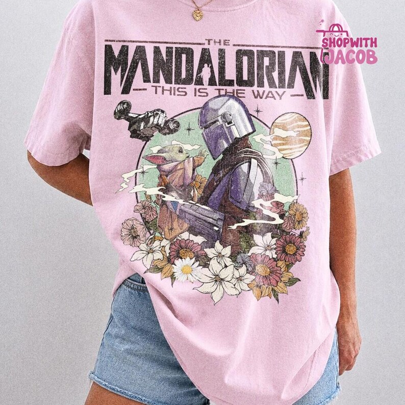 Retro Mandalorian and Grogu Shirt, StarWars Mando Shirt, Baby Yoda Shirt, This Is The Way Tee, Magic Kingdom Shirt, Family Trip Tee image 3