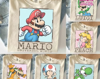 Super Mario All Characters Cartoon Signature Comfort Color Tee, Mario Toad Peach Luigi Bowser Tee, Universal World Tee, Universal Studios