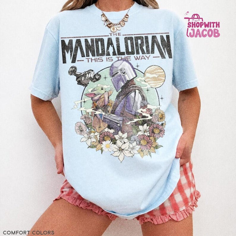 Retro Mandalorian and Grogu Shirt, StarWars Mando Shirt, Baby Yoda Shirt, This Is The Way Tee, Magic Kingdom Shirt, Family Trip Tee image 4