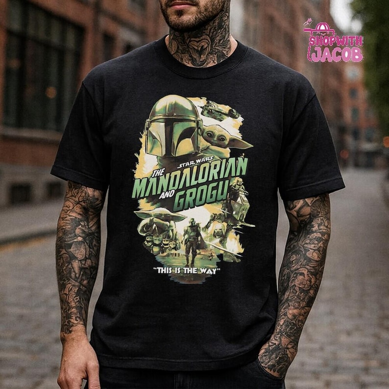 Disneyland Starwars The Mandalorian And Grogu Shirt, Retro Grogu Bounty Hunter Shirt, 90s Style Starwars Shirt, Starwars Fans Gift Tee image 1