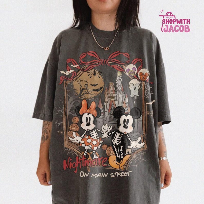 Retro Mickey & Minnie Skeleton Nightmare On Main Street Shirt, Disneyland Halloween 2026 Shirt, Mickey Skeleton Tee, Disneyworld Halloween image 1