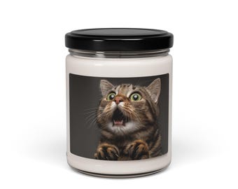 Surprised Tabby Cat Candle 9oz Soy Jar | Funny Cat Face Scented Candle