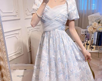 Romantic Embroidery Floral Tulle Dress,Vintage Puff Sleeve Dress,Tea Break Fairy Dress,Women Prom Dress,Princess Dress,Cottagecore Dress