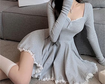 Square Neck Short Dress, Cottagecore Princess Style