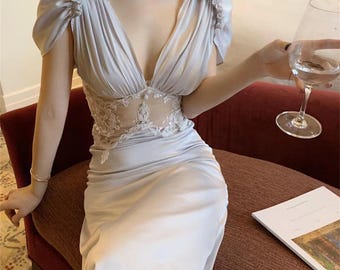 Sexy Deep-V Dress, Puff Sleeves Corset Dress, Milkmaid Dress, Fairy Dress, Princess Dress, Elegant Wedding Guest Dress,Seaside Holiday Dress