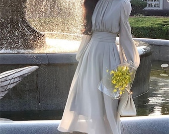 Elegant Autumn Winter Dress, Solid Color Fairy Dress, Gentle Princess Dress, Exquisite Wedding Guest Dress, Formal Party Dress, Modern Gift
