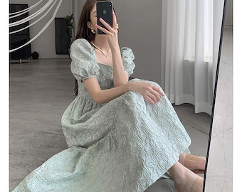 French Green Print Fairy Dress,Vintage Puff Sleeve Dress,Princess Dress,Summer Dress,Milkmaid Dress,Cottagecore Dress,Graduation Prom Dress
