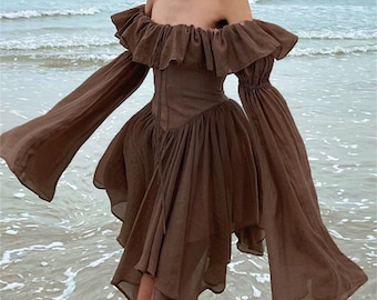 Backless One Shoulder Cottagecore Dress, Milkmaid Fairy Gown