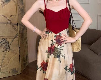 Rose Print Slip Dress, Red Sexy Birthday Party Dress, Elegant Fairy Dress, Gentle Princess Dress, Homecoming Party Dress, Cottagecore Dress