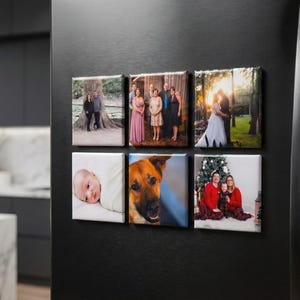 May include: Six square photo prints mounted on a black surface. The photos depict family portraits, a baby, a dog, and a couple. The images are framed and ready to display.