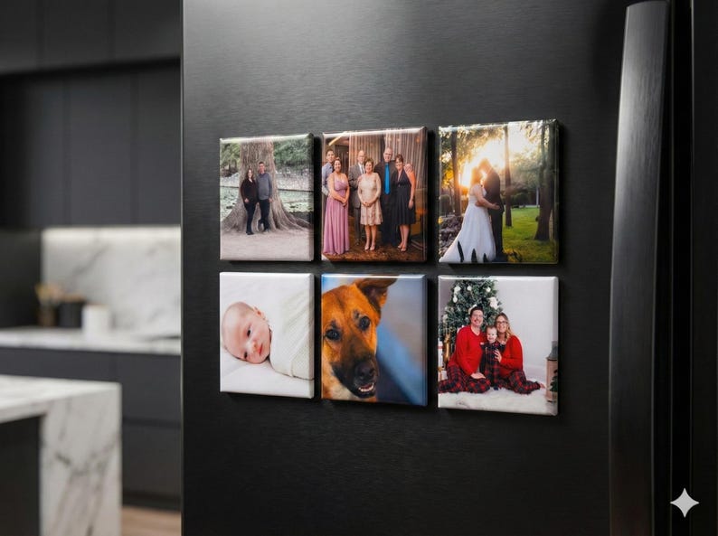 May include: Six square photo prints mounted on a black surface. The photos depict family portraits, a baby, a dog, and a couple. The images are framed and ready to display.