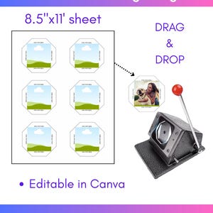 May include: An image promoting DIY fridge magnets. It features a sheet of 8.5"x11" paper with magnet templates, a 2"x2" cutter, and the text "Make Your Own Fridge Magnet!" and "Editable in Canva". The image shows a woman with a dog in one of the templates.