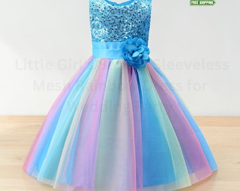 Vestido infantil de lantejoulas arco-íris em tule, sem mangas, para festa de casamento, estilo princesa.