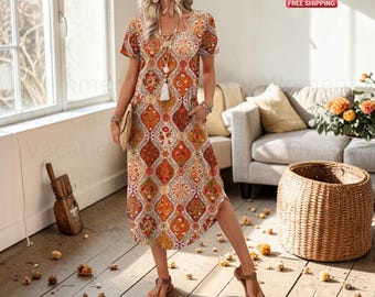 Vestido midi de verão feminino, estilo camiseta, casual, para férias na praia.