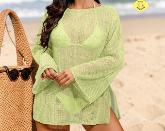 Vestido de praia estilo caftan, sexy e transparente, em crochê, para férias e lazer.