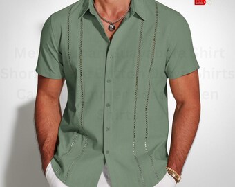 Men's Cuban Guayabera Linen Shirt Short Sleeve Casual Beach Button Down