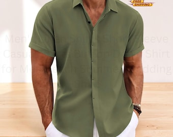 Camisa masculina de linho de manga curta, estilo casual, com botões, ideal para casamentos na praia e para o verão.