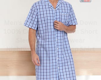 Camisola de dormir masculina de algodão, com botões, manga curta e tecido macio.