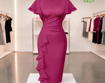 Vestido midi lápis feminino vintage para igreja, com mangas franzidas e modelagem justa.